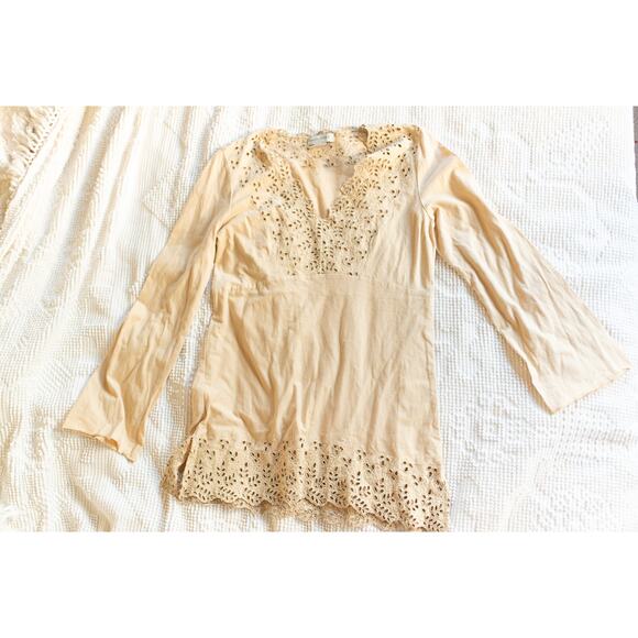 Y2K Vintage Banana Republic Babydoll Shirt Long Sleeve S Eyelet Lace Boho Fairy - Picture 1 of 7